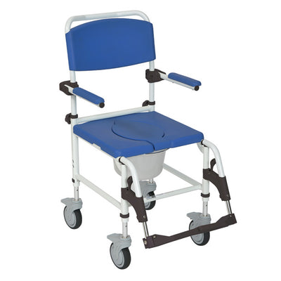 Wheeled commode chair with bucket and footrests